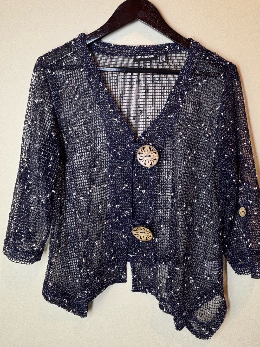 Nina Leonard Navy Open-Weave Button Front cardigan with wooden Accent Buttons